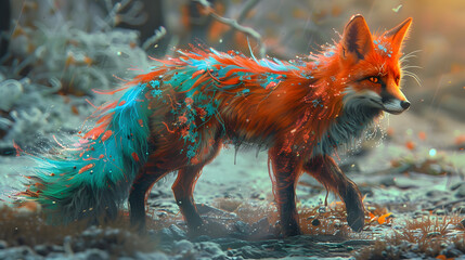 Wall Mural - A crimson fox with shimmering turquoise frost patterns on its coat. bright eyes and bushy tail