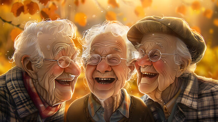 Wall Mural - A detailed perspective of three elderly people sharing a laugh. their wrinkled expressions and cheerful eyes sparkling in the afternoon sun