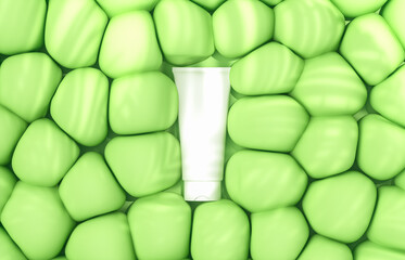 Poster - Abstract podium for product display  with soft bubbles and palm leaf shadow overley. 3d rendering.