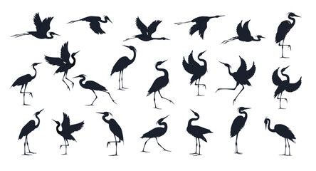 Heron birds silhouette set isolated on white background. Flying, standing, running, walking and dancing herons. Vector drawings collection.