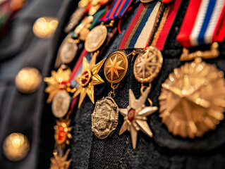 Close-up of military medals on uniform