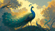 Oil painting wallpaper of peacock, the beauty of its beautiful tail
