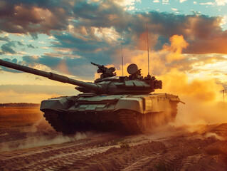 Military tank advancing in a field