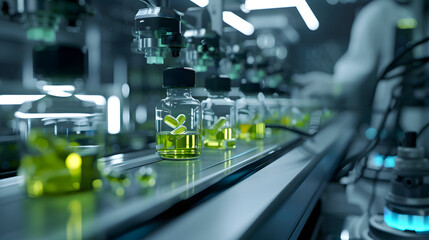 Poster - an automated assembly line where glass bottles are being filled with a green antiviral agent, under 