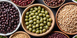 Soybean, mung beans, black soybeans, red beans, peas in bowl, top view with transparent background. High quality photo