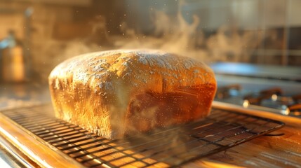 Wall Mural - A freshly baked loaf of bread cooling on a wooden rack, filling the air with a warm, inviting aroma of home-baked goodness.