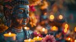 banner background Theravada New Year Day theme, and wide copy space, A Buddha statue adorned with flowers and candles, symbolizing enlightenment and peace, for banner, 