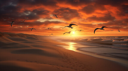 Un coucher de soleil devant des dunes en bord de mer, des oiseaux profitent de se paysage pour prendre leur envol.