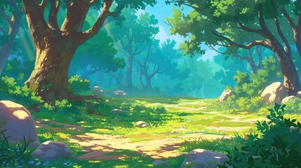 Wall Mural - A vibrant summer scene unfolds before us showcasing a lush forest with towering trees and verdant grass carpeting a sunlit clearing This lively 2d cartoon captures the essence of a tranquil 