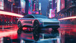 Sleek electric car gliding through a neon lit cityscape at dusk reflecting advanced technology and speed futuristic design elements