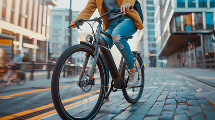 Wall Mural - A person zipping through a dedicated bike lane on a stylish electric bicycle, Mini mobility, with copy space