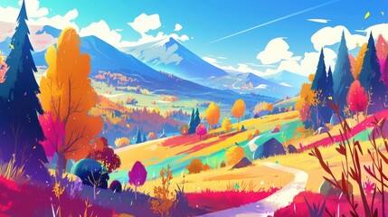 Sticker - A vibrant cartoon countryside adorned with colorful trees and majestic mountains