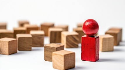 Representation of mentorship with wooden cubes and a red peg doll on white background