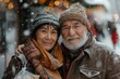 Snowflakes dot the clothing of a loving elder couple as they embrace outdoors in a wintery scene