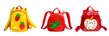 Set Of Different Fruit-themed Backpacks For Children, Featuring Strawberries, Bananas, And Apples, Isolated On Transparent Background