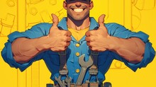 A Skilled Plumber Or Mechanic Flashing A Thumbs Up Peeks Over A Sign Or Banner While Brandishing An Adjustable Wrench Or Spanner