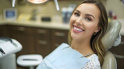 Wall Mural - Happy young woman sits in dental chair, patient smiles showing teeth