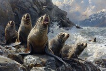 A Group Of Playful Sea Lions Sunbathing On Rocky Shores, Their Barks Filling The Air With Life