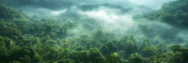 Canvas Print - In the serene morning light, fog blankets the lush forest, creating a mystical atmosphere in the tranquil landscape.