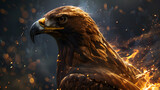 Fototapeta  - A golden eagle with fiery red sparks flickering around its body. intense eyes and broad wings