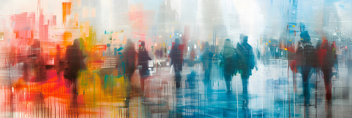 Wall Mural - An abstract depiction of urban life, featuring blurred figures in motion, diverse city activities, and a modern cityscape during both sunrise.
