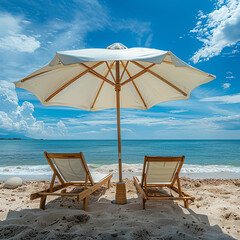 two chairs and umbrella at the sandy beach generated.ai