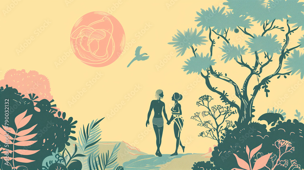 Adam and Eve in the garden of eden concept Stock Illustration | Adobe Stock