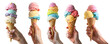 Collection of hand holding pastel rainbow Ice cream double triple scoop, on waffle cone on transparent background cutout, PNG file. Many different flavour Mockup template for artwork design.	
