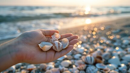 Wall Mural - Hand holding seashells by the shore