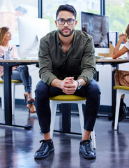 Poster - Man, startup and creative in portrait at office with mission, happiness for job with digital design. Male entrepreneur and colleagues in workplace with tech for website development or maintenance