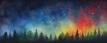 A Painting Of A Forest With Trees And A Sky Full Of Stars
