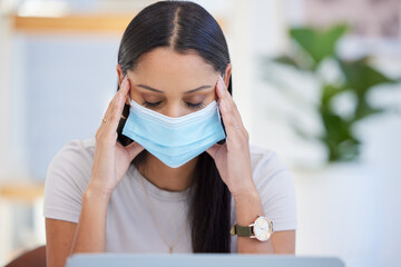 Canvas Print - Frustrated woman, headache and stress with facemask in anxiety, burnout or mental health at office. Tired female person or employee with migraine in depression, burnout or pressure at workplace