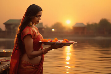 Wall Mural - beautiful Indian woman holding puja thali and standing in front of river