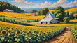 Countryside Sunflower Farm Under Bright Sunny Summer Sky