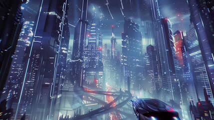 Poster - A futuristic cityscape with a car driving down a road. The scene is futuristic and exciting
