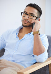 Poster - Man, phone call and portrait in office at startup for conversation, deal or contact at company. Entrepreneur, business owner and cellphone for networking, negotiation or chat at creative media agency