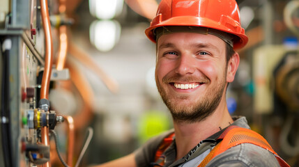 Close-up of an industrial engineer in a high-vis vest smiling confidently in a factory setting