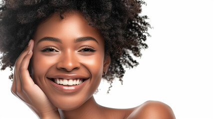 beautiful black woman with radiant skin smiling  on a white background, beauty and spa advertising banner or poster, copy space,advertising beauty and spa services