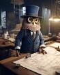A dapper owl in a monocle meticulously reviewed blueprints, his keen eyes analyzing the plans for a new, multistory treehouse complex