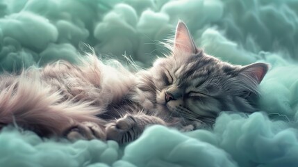 Wall Mural - Cute cat sleep om cloud