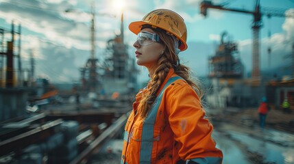 Poster - Woman worker in a high-visibility vest and helmet standing confidently on a construction site. Generative AI.