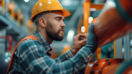 Poster - Working man examine PVC unclog pipes. Generative AI.