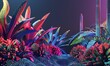 Create a digital rendering of a futuristic rare plant garden from a side angle using pixel art, infusing a blend of vibrant colors and geometric shapes to convey a sense of innovation and creativity