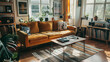 Velvet sofa, hairpin leg coffee table, record player in a bright, airy space
