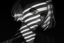 A Black And White Portrait Of An Elegant Woman With Dramatic Makeup, Wearing Striped Shirt, Illuminated By The Light Filtering Through Blinds Creating Sharp Shadows On Her Face. 