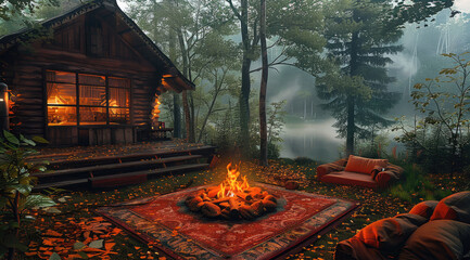 Wall Mural - Cozy Forest Cabin by the Lake Ambience with Campfire, Relaxing Spring, brocade carpet. Generative AI.