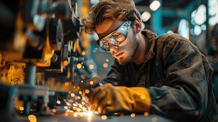 Poster - Young male welder working in machine shop. Generative AI.