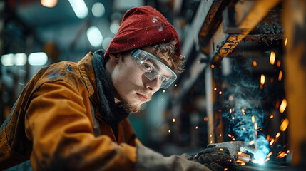 Poster - Young male welder working in machine shop. Generative AI.