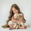 A young girl gently hugs her fluffy puppy, both looking content and at peace