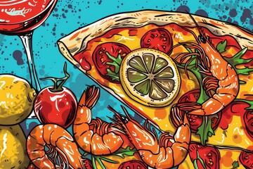 Pop art seafood pizza slice with shrimps and lemon, colorful splatter and dotted background